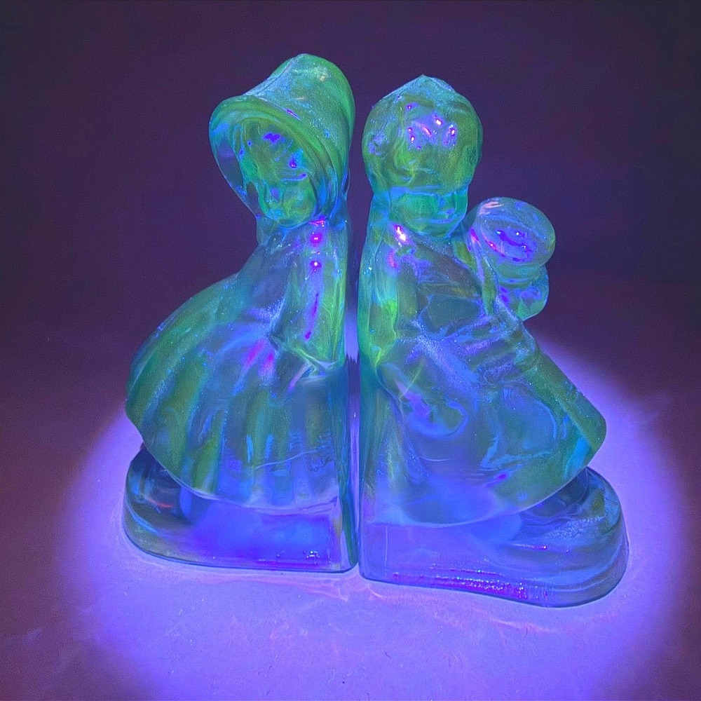 Wheaton Blue Iridescent Carnival Glass Boy Girl Bookends UV Reactive Pair‎ MCM